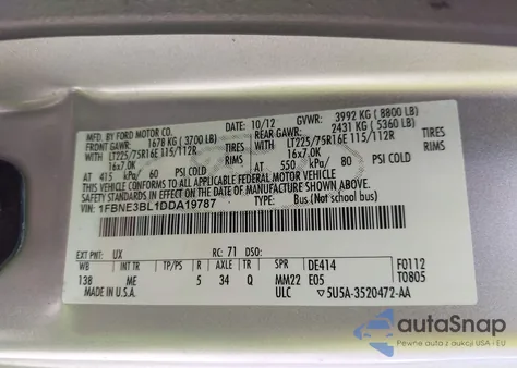 2013 Ford E-350 Super Duty Xlt z USA, uszkodzony, nr VIN 1FBNE3BL1DDA19787